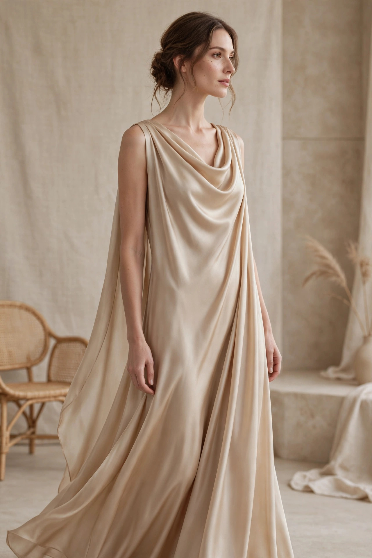 Model wearing a flowing champagne silk gown